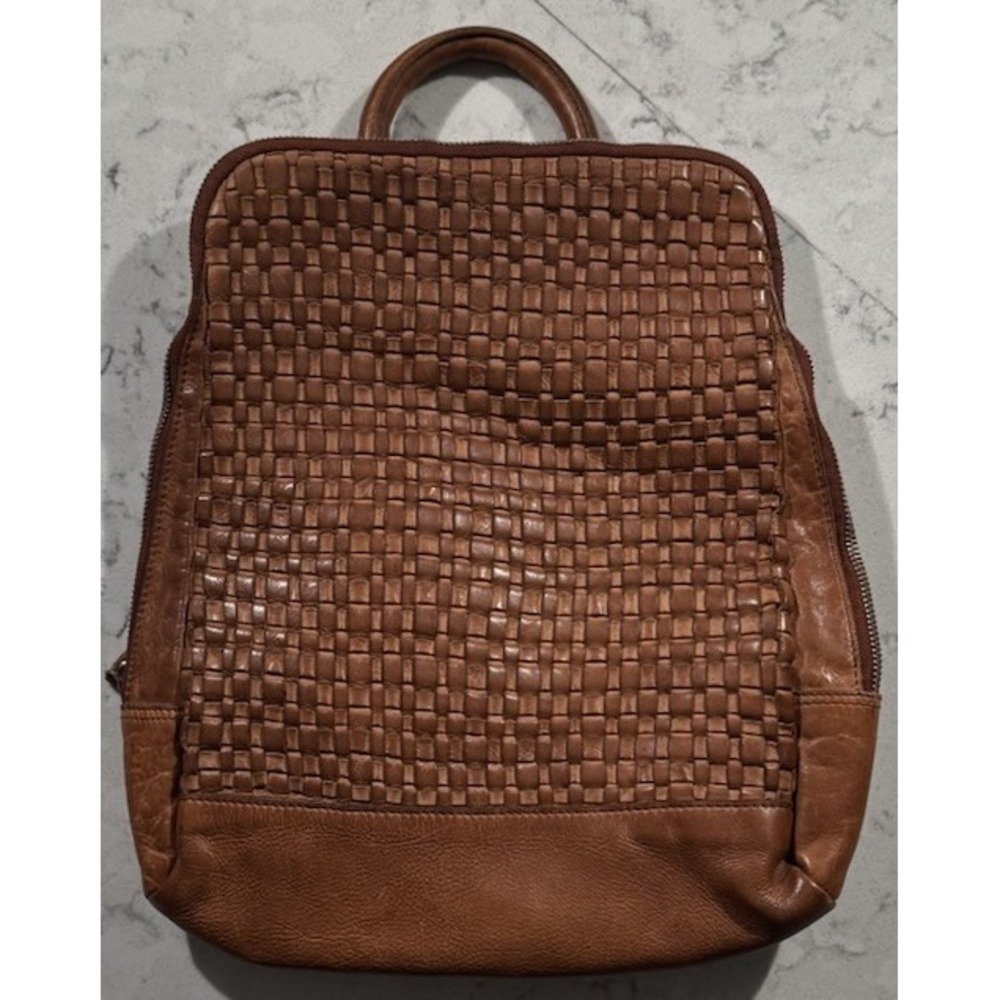 Vilenca Holland Emilia Woven Leather Backpack Cognac Brown Boho Anthropologie